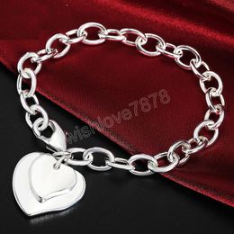 925 Sterling Silver Double Heart Chain Bracelet For Women Wedding Engagement Party Fashion Jewellery