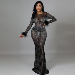 year Beautiful Luxury Feathers Crystal Mesh Black Party Dress Elegant Sexy Evening Long Sleeve Maxi Dresses CX220331