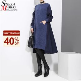 Winter Woman Long Sleeve Blue Black Woolen Patchwork Sweater Dress Pocket Pleated Back Ladies Loose Casual Midi Dress Robe 3030 210322