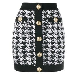 HIGH QUALITY Newest Designer Skirt Women's Lion Buttons Shimmer Tweed Houndstooth Mini Skirt 201110