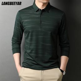 High End Designer Fashion Brand Polo Shirt Men Black Striped Plain Korean Casual Long Sleeve Tops Men Clothes 220408
