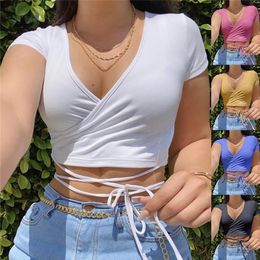 Deep V-neck Sexy Skinny Tshirts T Shirt Women Solid Crop Top Short Sleeve Summer Criss Cross Bandage Basic Shirts Casual