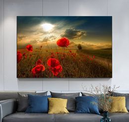 Red Poppies Canvas Paintings Sunset Canvas Posters and Prints Flowers Wall Art Pictures for Living Room Decoration