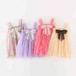 0-6T Sequin Big Bow Girls Sling Dress 2022 Summer Baby Strap Tulle Dress Cute Lace Kids Birthday Party Princess Dresses Custom G220518