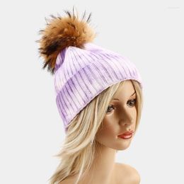 Beanie/Skull Caps Tie Dye Print Beanie Winter Real Fur Pompom Hats For Women Fashion Brand Hip Hop Wool Knitted Bonnets Skullies Pros22