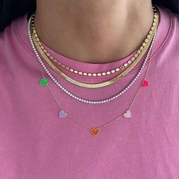 Chains 100% 925 Sterling Silver Gold Plated Pastel Enamel Colourful Lovely Heart Charm Link Chain Girl Women Choker NecklaceChains