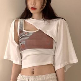 Y2k Crop Tops Ladies Korean Blouse Woman Collection Autumn Short Sleeve Short Tshirts Elegant Korean Style 2 Piece Set 220725