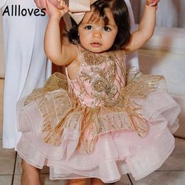 Luxury Glitter Flower Girl Dresses Gold Sequined Layers Cupcake Tutu Skirt For Kids Little Girl's Pageant Party Gowns Baby Infant First Communion Dress CL0380