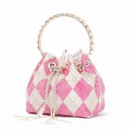 Evening bags niche light luxury rhinestone designer bucket bag high-grade texture chain tassel pink plaid handbag fashion cross-body bag