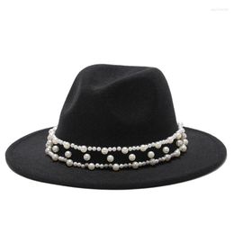 Wide Brim Hats 2022 Winter Fedora For Women Fashion Flat Wool Felt Jazz Men Pearl Goth Top Vintage Wedding Hat Eger22