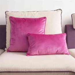 Piping Design Bright Pink Velvet Cushion Cover Lovely Quality Pillow Case Cover Case No Balling-up Waist Pillow Case Without Stuffing 210401