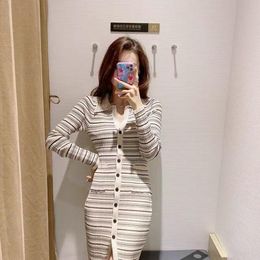 Casual Dresses Vintage Stripe Knit Women Single Breasted Turndown-Collar Slim Midi Dress Autumn Winter Bodycon Split Sweater E366Casual