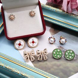 Stud Cute Earrings Button Enamel Bow Round Imitated Pearls Vintage For Women JewelryStud Odet22 Farl22