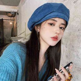 2021 Women Hat Autumn And Winter Blue Stitches Japanese Korean Version Of Net Red Retro Big Head Painter Hat Beret J220722