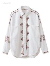 100% Cotton Embroidery Denim Shirt Jackets Woman 2022 Elegant Blouses Outfits Female Loose Tops Shirts Girls Vintage Clothing L220725