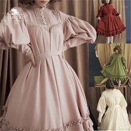 Casual Dresses Gothic Style Dress Women Harajuku Lolita Kawaii Punk Cute Long Sleeve Pink Midi Solid Colour 2022 Summer Costume