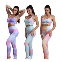 Seamless Tie Dye Yoga Tracksuits For Women Gym Sleeveless Vest Crop Top And Jogging Leggings Sports Fitness 2 Piece Sets SS20D059B