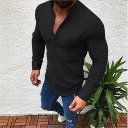Blouse 2022 Spring Autumn Men Casual Solid Colour Slim Fit V Neck Muscle Shirts Tops Man Long Sleeve Streetwear Clothing Men's