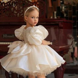 2022 Vintage Flower Girls' Dresses Baby Infant Toddler Baptism Clothes Satin Ball Gowns Birthday Party Dress Custom Made Puff Sleeve