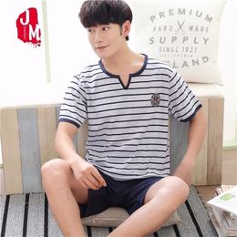 Cotton Men Pyjama Striped Casual Sleepwear Men V-Neck Summer Pyjamas Men's Pyjamas Sets Cotton Short Sleepwears Men's Coton T200813