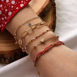 Link Chain 5pcs/set Bohemian Colourful Crystal Beaded Bracelet Sets For Women Charms Multilayer Handmade Rope Bangels Jewellery Gift