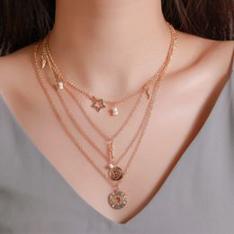 Vintage Gold Coin Pearl Multi Layer Necklace For Women Korean Fashion Necklaces Jewellery
