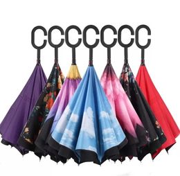 Windproof Inverted Umbrella Folding Double Layer Reverse Rain Sun Umbrellas Inside Out Self Stand bumbershoot with Handle by Sea 50pcs DAF466