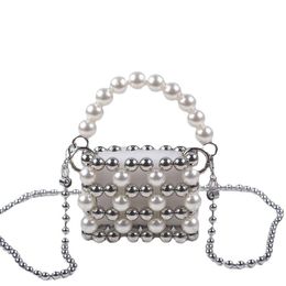 Evening Bags Handmade Pearl Weaving Hollow Out Handbag Women Beading Handle Top-Handle Bag Mini Coin Wedding Party Paerl BagEvening