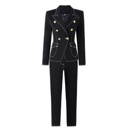 Women's Two Piece Pants British Season Classic Set For Women Fashion Spring Fall Design Double Breasted Chic Blazer Personality Trouser