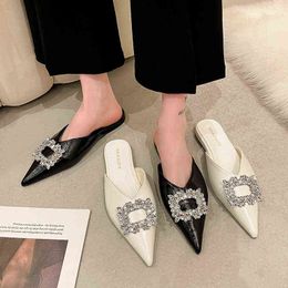 Slippers Women Summer Pointed Toe Low Flat Shoes Female Glitter Slides Pantofle Fashion Jelly Cover Luxury Soft Crystal Pu 220329