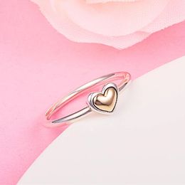 Authentic 925 Sterling Silver Ring 14k Domed Golden Heart Rings for Women Wedding Engagement Ring Fine Jewellery Bague Wholesale 199396C00