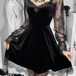 Goth Dark Velour Gothic Aesthetic Vintage Dresses Women s Lace Patchwork Grunge Black Dress Long Sleeve A line Autumn Partywear 220613