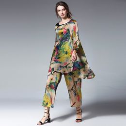 Womens Plus Size Casual Suits Loose Print Silk Lotus Elegant Two Piece Summer Tops And Pants Elastic Waist Crew Neck Suit 220611