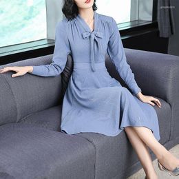 Casual Dresses 2022 Autumn Pattern Europe Station Will Code Self-cultivation Thin Long Fund Temperament Sleeve V Lead Dress