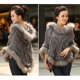 Fahion Luxury Women's Genuine Real Rabbit Fur Raccoon Fur Trimming Knitted pullovers Stole Cape Poncho Wraps Sweatercoat 201214