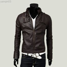 Men's Jacket Solid Colour Long Sleeves Stand Collar Smooth Faux Leather Vest Autumn Winter L220801