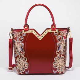New 2021 fashion black embroidery bright leather female handbag Tote bag High-end boutique womens shoulder bag crossbody bag