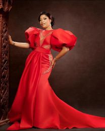 Plus Size Red Aso Ebi Prom Dresses Mermaid Shape Puffy Sleeves With Train Women Evening Gowns Custom Made Sheer Beaded