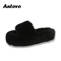 Antovo 2022 Korean Version Women Winter House Furry Slippers Women Fluffy Fur Home Slides Flat Indoor Floor Shoes Flip Flops G220816