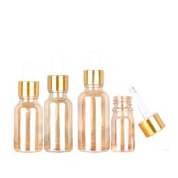 Packing Empty Amber Gold Bottle Round Shoulder Gold Collar White Rubber Pipette Refillable Cosmetic Portable Packaging Container 5ml 10ml 15ml 20ml 30ml 50ml 100ml
