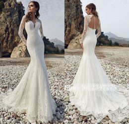 New Long Sleeve Lace Mermaid Wedding Dresses Sexy Deep V Neck Backless Appliques Vestido De Noiva Plus Size Bridal Gowns