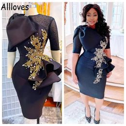 Navy Blue Plus Size Cocktail Dresses For Black Girls Half Sleeved Big Bow Ruffles Lace Appliques Beaded Knee Length Women Occasion Short Evening Party Gowns CL0491