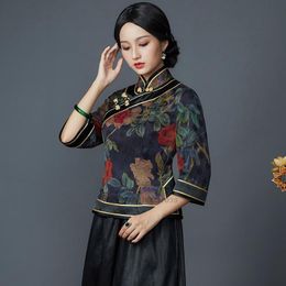 Ethnic Clothing Hanfu Tang Suit Traditional Chinese Women Chiffon Blouse Costume Flower Print Vintage Female Ancient TopsEthnic