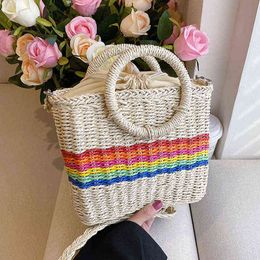 Evening Bags Straw Bags for Women 2022 Summer Rainbow Strips Designer Luxury Boho Weave Beach Round Handle Shopper 220517