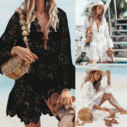 Lace Bikini Cover Up Knit Crochet Floral Sexy Bathing Swimwear See Through V Neck Tunic Dress Beachwear Women Robe Outfit 220524