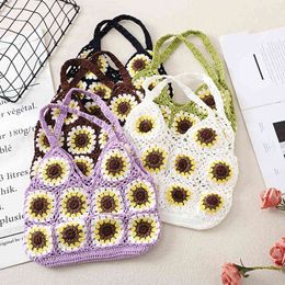 Sunflower Hollow Out Knitted Crochet Tote Handbags Large Summer Beach Bohemian Granny Square Shoulder Bag Fashion Shopper Purses 220801