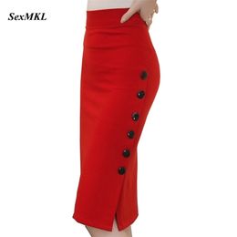 Plus Size Fashion Women Work Midi Skirt OL Sexy Open Slit Button Slim Pencil Elegant Office Ladies s Red Black 220322