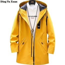 Mens Long Hooded Trench Coat Masculino Spring Autumn Men Black Grey Yellow Blue Trenchcoat Korean Casual Menteau Homme 201128