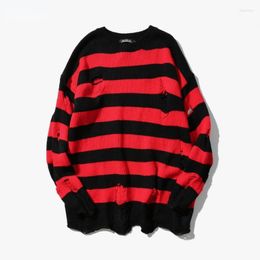 Men's Sweaters Black Red Striped Autumn Washed Destroyed Ripped Sweater Men Hole Knit Jumpers Women Oversized HarajukuMen's Olga22