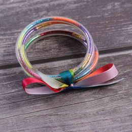 silicone powder UK - Hot selling multi-layer silicone rainbow Bracelet ribbon set women's bow gold powder bracelet